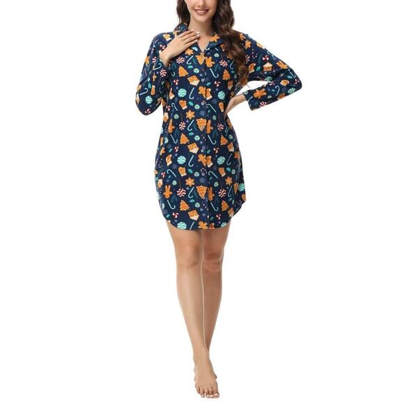INK + IVY Other - NWT INK + IVY Long Sleeve Christmas Print Notch Collar Sleepshirt Nightgown